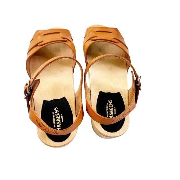 NEW Swedish Hasbeens Peep Toe Low Wood Clog Sandals Nature Size 38 US 8 - Picture 6 of 16